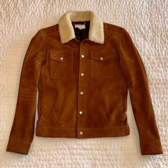Reiss Other - REISS Tobacco Brown Suede Leather Trucker Jacket Shearing Collar Extra Small XS